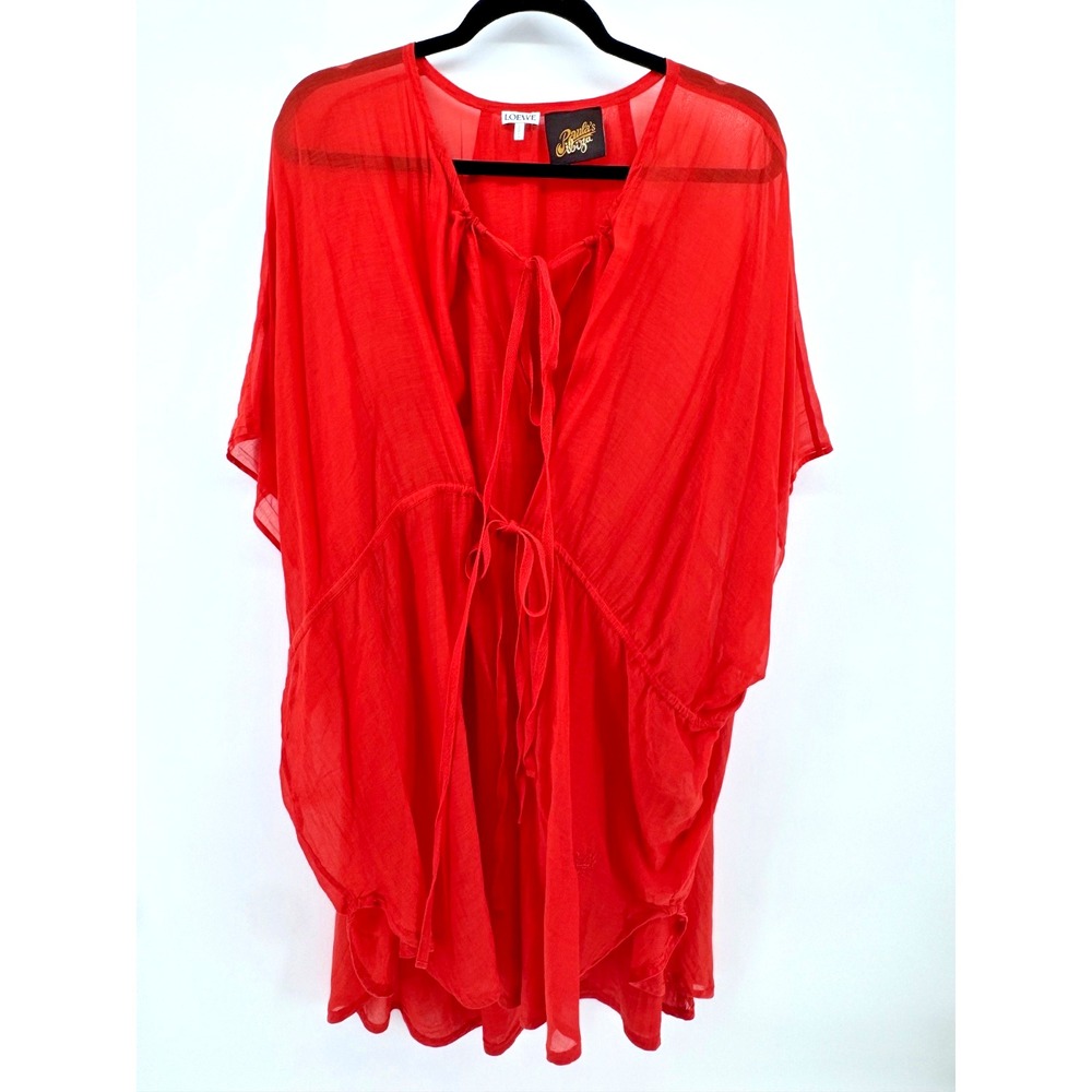Loewe Paula's Ibiza Red Sheer Tie Front Cover Up Kaftan Tunic Dress Oversized S
